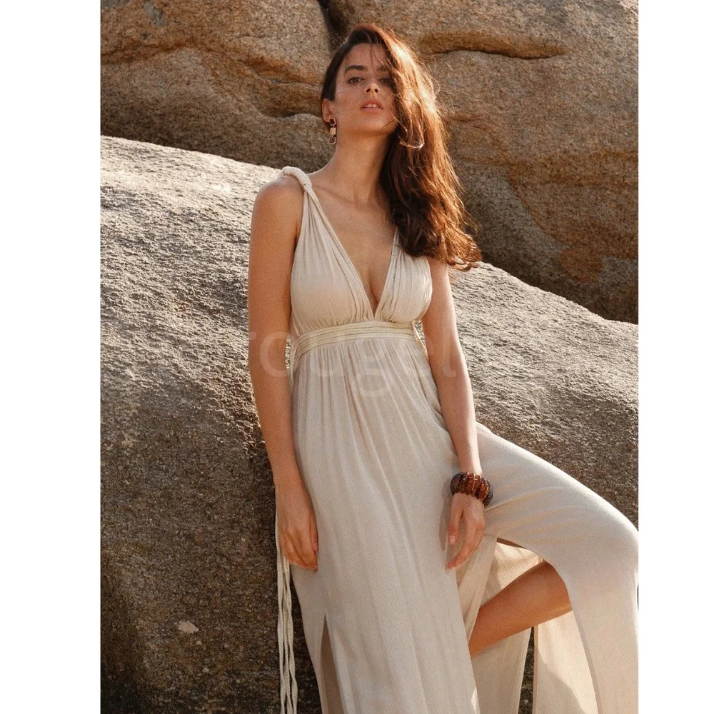 Beige Cream Viscose Greek Goddess Jumpsuit V-Neck Braided Straps Ties - Picture 8 of 14